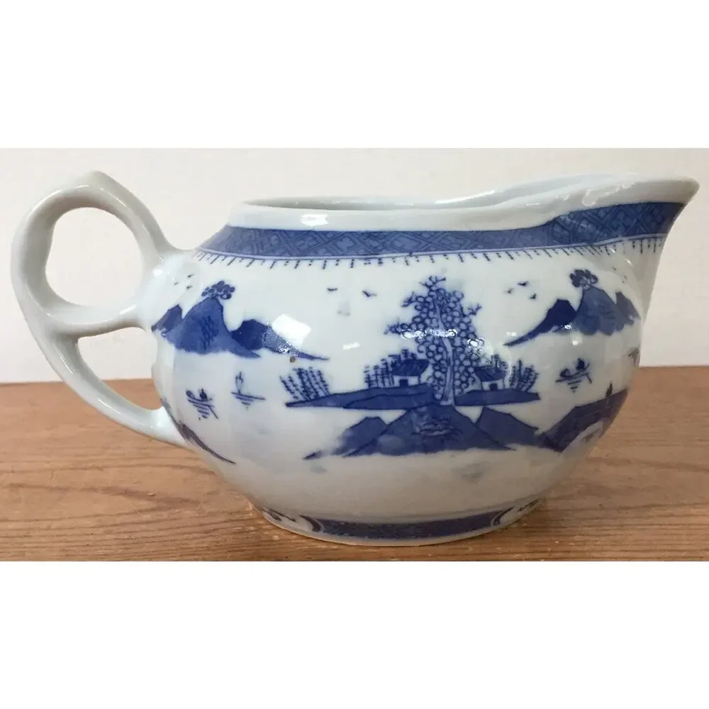Vintage Antique Oriental Delft Flow Blue Made in China Chinese Porcelain Creamer